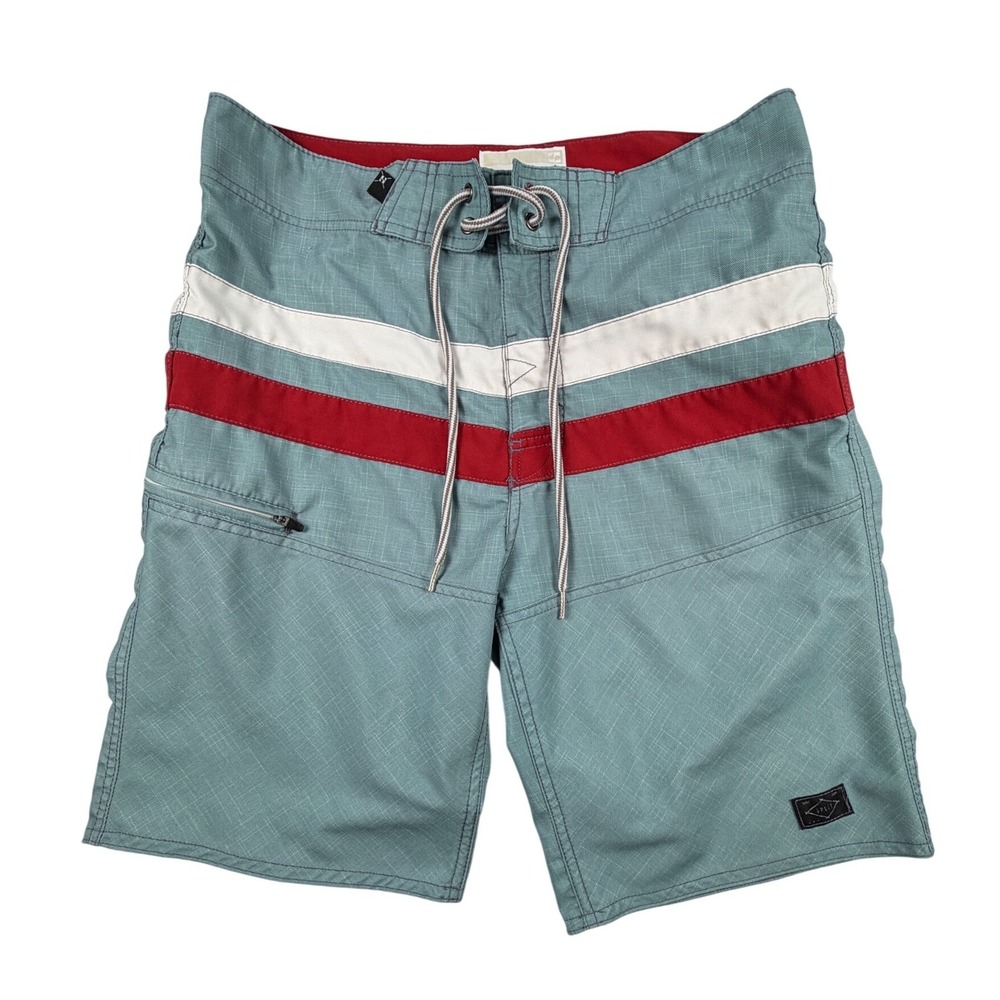 Split Co Mens Board Shorts Size 32 Teal Blue Red White Striped Swim Trunks Surf